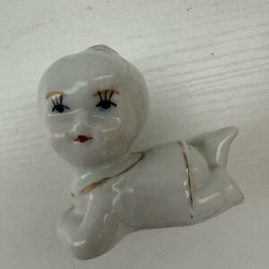 Vintage Porcelain Crawling Piano Baby Girl Figurine Gold Trim